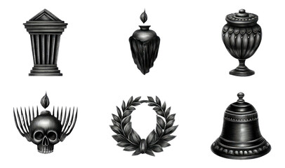 Ancient Funeral Symbols Illustrated in Dark Engraving Style on Transparent Background