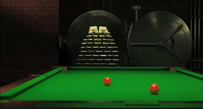 Billiard table with red balls and mysterious background elements.