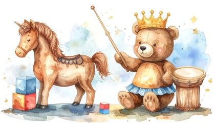 Watercolor toys unicorn, teddy, drums