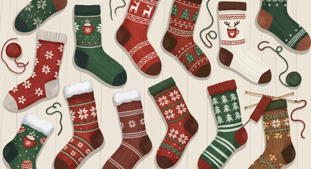 Colorful christmas socks with festive holiday patterns and designs on cream background