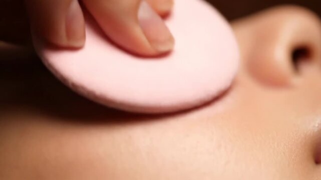 Detailed shot of a hand using a pink cosmetic sponge on healthy skin