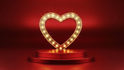 Shining golden heart symbol with glowing bulbs on a red podium against a vibrant background