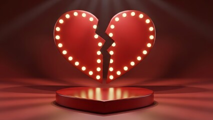 Shattered love: a vibrant red heart split in two, glowing with emotional depth