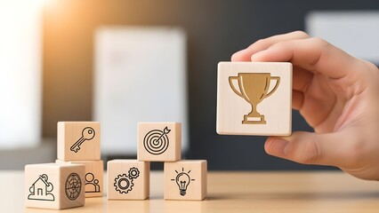 Teamwork and Success concept. Hand holding wood block with icon Trophy cup, leader business. Key success factors for leadership elements. 