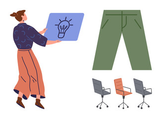 Woman holding idea board, green pants, and office chairs in modern design. Ideal for creativity, fashion, teamwork, office culture, idea sharing collaboration conceptual thinking. Simple flat