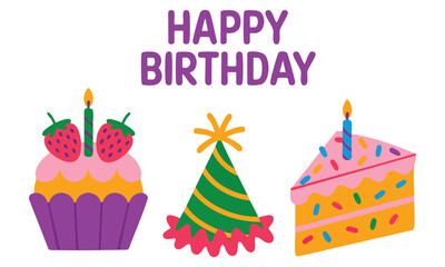 Flat design birthday cake with candle and holiday hats set of celebration icons ideal for greeting card decoration and festive birthday themed artwork