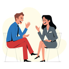 Obraz premium Flat vector illustration of businessman or celebrity character giving interview to female journalist with microphone at press conference and live reporting scene