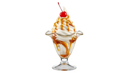 Soft serve ice cream sundae with caramel sauce, isolated on white or transparent background. PNG