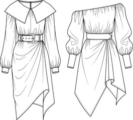 Fashionable Asymmetric Hem Wrap Dress with Oversized Sailor Collar, Balloon Sleeves and Wide Belt, Women's Flat Technical Sketch