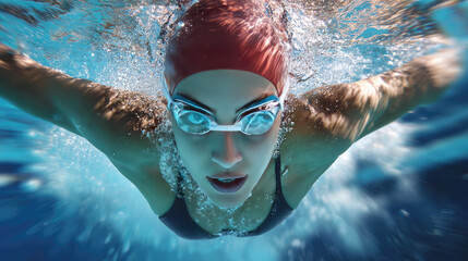 Athletic woman swimming underwater in clear pool concept. Determined swimmer underwater in action-packed swimming scene.