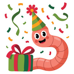 Naklejka premium Funny pink worm character with long tube body holding gift box vector illustration perfect for cartoon mascot playful children themed greeting or festive design