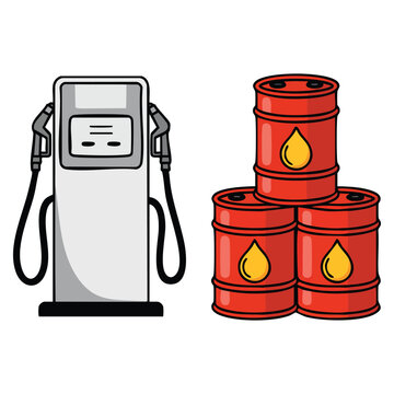 Gasoline filling station vector set illustration with pumps and oil barrels perfect for petroleum industry, fuel, automotive, and service station themed artwork