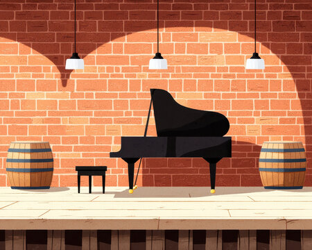 Elegant speakeasy piano bar interior with grand piano wooden stage hanging light, brick wall background and barrel decor creating cozy mood