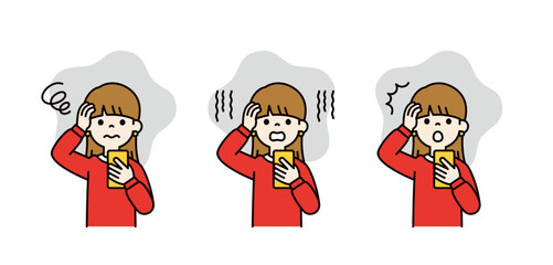 スマートフォンを見て頭を抱える、10代の女性の上半身ベクターイラスト素材セット＿カラー