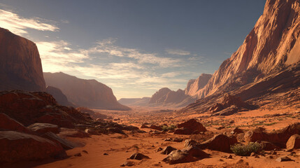 Naklejka premium Mars landscape showing rock desert and sky concept. Stunning desert canyon landscape under a clear blue sky.