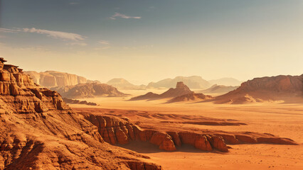 Naklejka premium Mars landscape showing rock desert and sky concept. Stunning desert landscape under clear sky at golden hour.