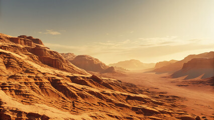 Naklejka premium Mars landscape showing rock desert and sky concept. Sunset over breathtaking desert landscape with rocky formations.