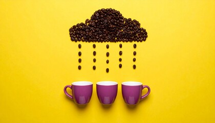 Artistic Coffee Bean Cloud Rains Fresh Brew into Three Purple Cups on a Bright Yellow Surface