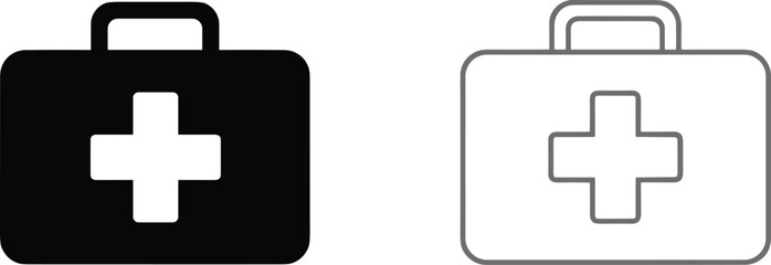 Fototapeta premium Medical first aid kit vector icon set in solid black and grey outline styles for emergency and healthcare designs.
