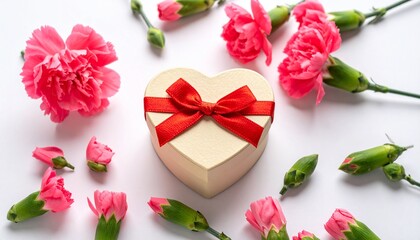 Romantic heart-shaped gift box adorned with a red ribbon, nestled among fresh pink carnations on a pristine white surface, symbolizing affection and special occasions