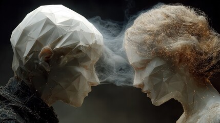 Abstract Low Poly Human Faces in Dramatic Connection with Smoke and Particles
