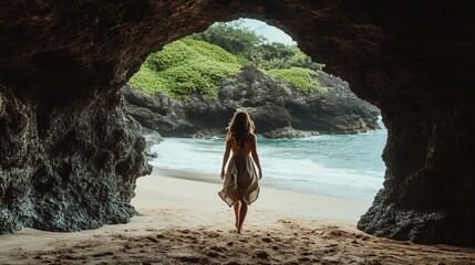Woman walking on beach through a cave entrance