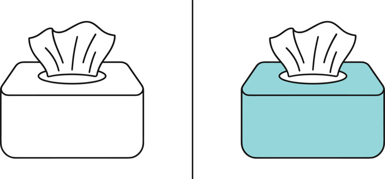 Minimalist tissue box vector icon set featuring line art and flat color styles for hygiene, cold and flu, health, and cleaning designs.