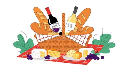 Picnic Basket Illustration with Wine Bread and Cheese