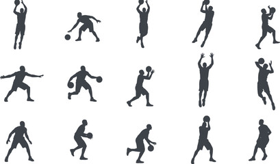 Basketball player silhouette vector set, black athlete dribbling passing shooting and jumping poses collection, sports action icons, dynamic training illustration isolated on white background © Shuda