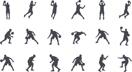 Basketball player silhouette vector set, black athlete dribbling shooting jumping poses collection, sports action icons,  © Shuda