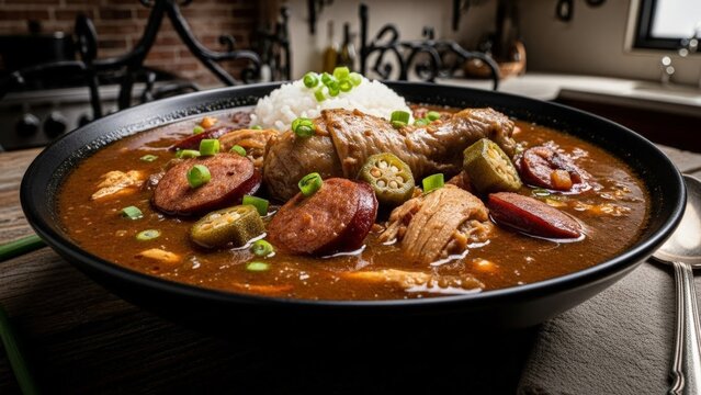 Hearty Gumbo with Sausage, Chicken, and Rice in a Black Bowl