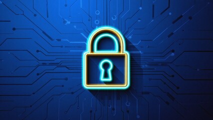 Digital Security Padlock Icon. Glowing Neon Lock on Futuristic Blue Circuit Board.