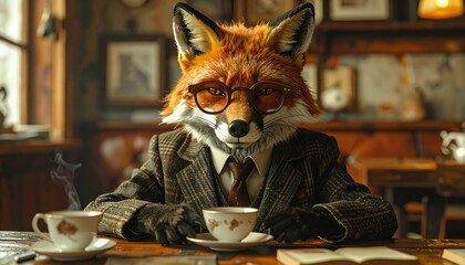 Clever fox character in sophisticated attire, wearing glasses and having tea in a cozy setting