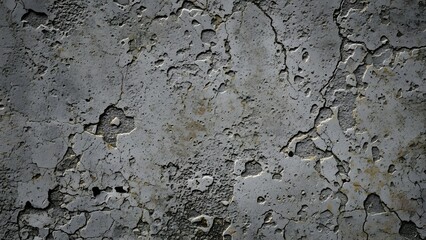Close-up of a heavily textured and cracked old concrete wall with peeling plaster, showing a distressed and grunge surface.