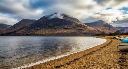 Loch Lomond tranquility meets majestic mountains under a cloudy sky, picturesque beach scenery