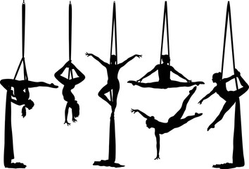 Graceful aerial silk acrobat silhouettes displaying dynamic artistic poses, emphasizing strength, balance, 