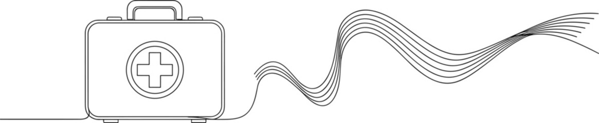 Fototapeta premium Continuous line drawing of a first aid kit medical box icon with abstract wave for healthcare emergency rescue services and clinical treatment branding.