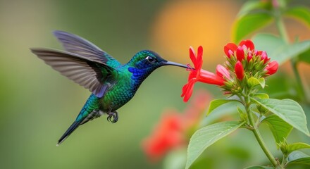 Obraz premium Iridescent hummingbird delicately sipping nectar from a vibrant red flower in mid-flight