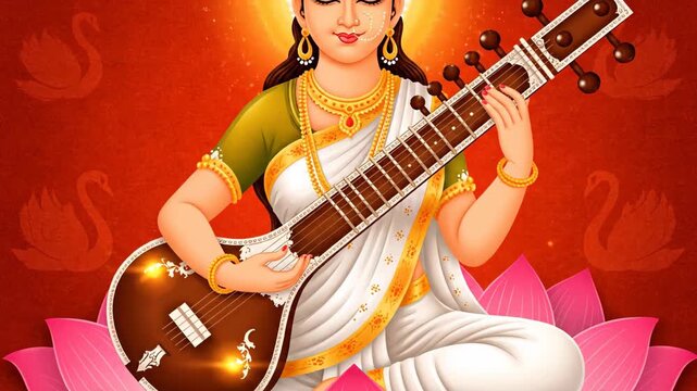 Hindu Goddess Saraswati Playing Veena on Lotus Vasant Panchami