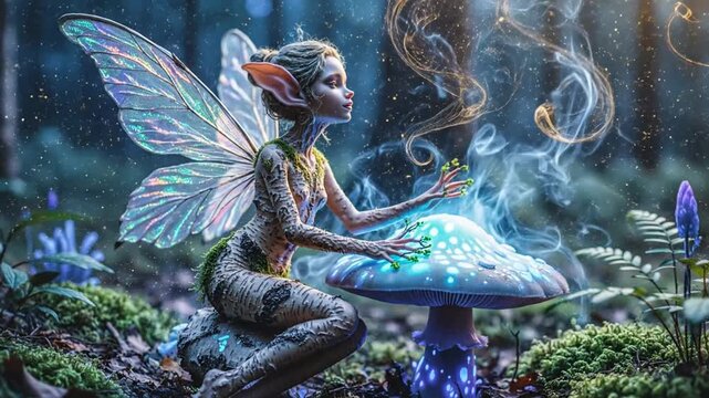 A whimsical depiction of a fairy, with glowing wings, interacting with a glowing mushroom