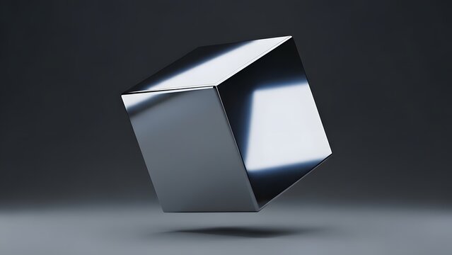 Floating chrome cube object on dark gradient background with dramatic reflections