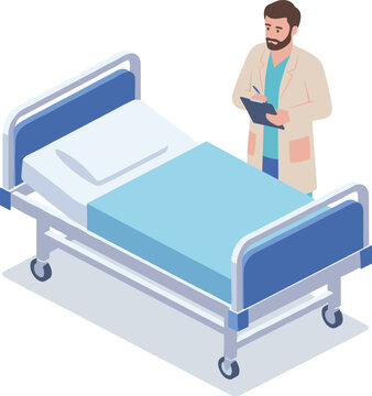 Professional isometric hospital bed vector illustration with a doctor taking notes for medical healthcare services patient clinical treatment