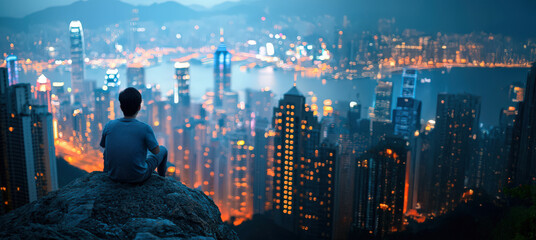 岩の上から夜景を見る少年