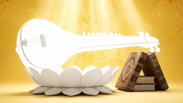 Saraswati Puja Veena Lotus Books Golden Background Hindu Festival