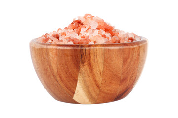 Front view of a wooden bowl with Himalayan salt crystals isolated on a white background