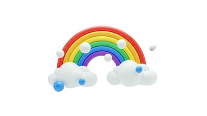 3D Rainbow with Clouds and Spheres on White Background