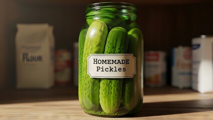 Jar of Homemade Pickles with Dill and Cucumber in Brine