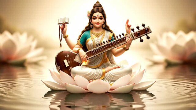 Goddess Saraswati playing veena on lotus flower in water