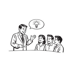 Monochrome line art illustration, flat cartoon retro style, two business partners shaking hands, simple friendly expressions