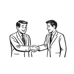 Monochrome line art illustration, flat cartoon retro style, two business partners shaking hands, simple friendly expressions